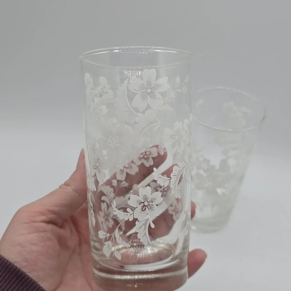 Lot‎ Of 3 Libby White Flower Design Drinking Glasses Tumbler Set